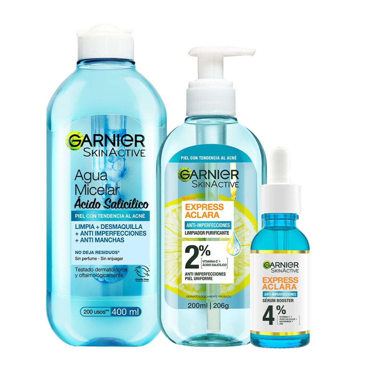 GARNIER - Pack Garnier Anti-Acné Aclara Sérum + Agua Micelar + Gel Limpiador