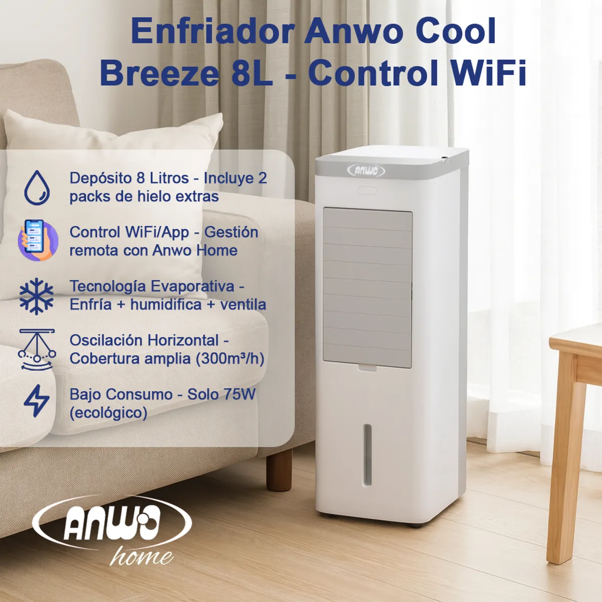 ANWO - Enfriador de Aire Portatil Evaporativo 8 Litros Anwo Wifi 75 Watts