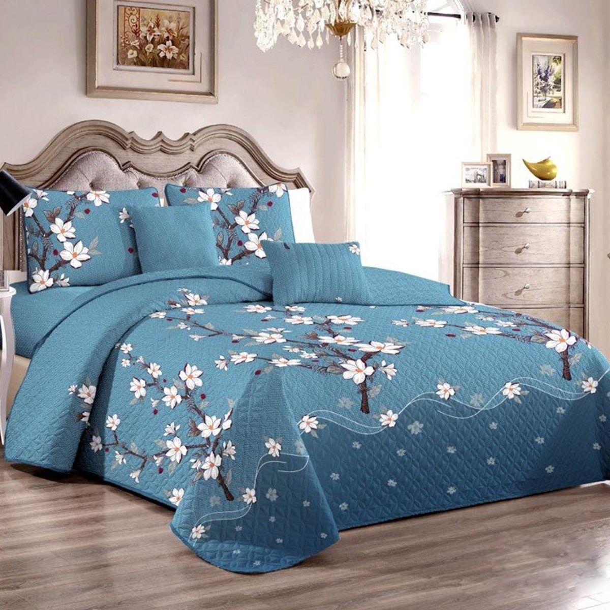 GENERICO - CUBRECAMA QUILT DE VERANO CON DISEÑO AZUL FLORES 2 PLAZA MX