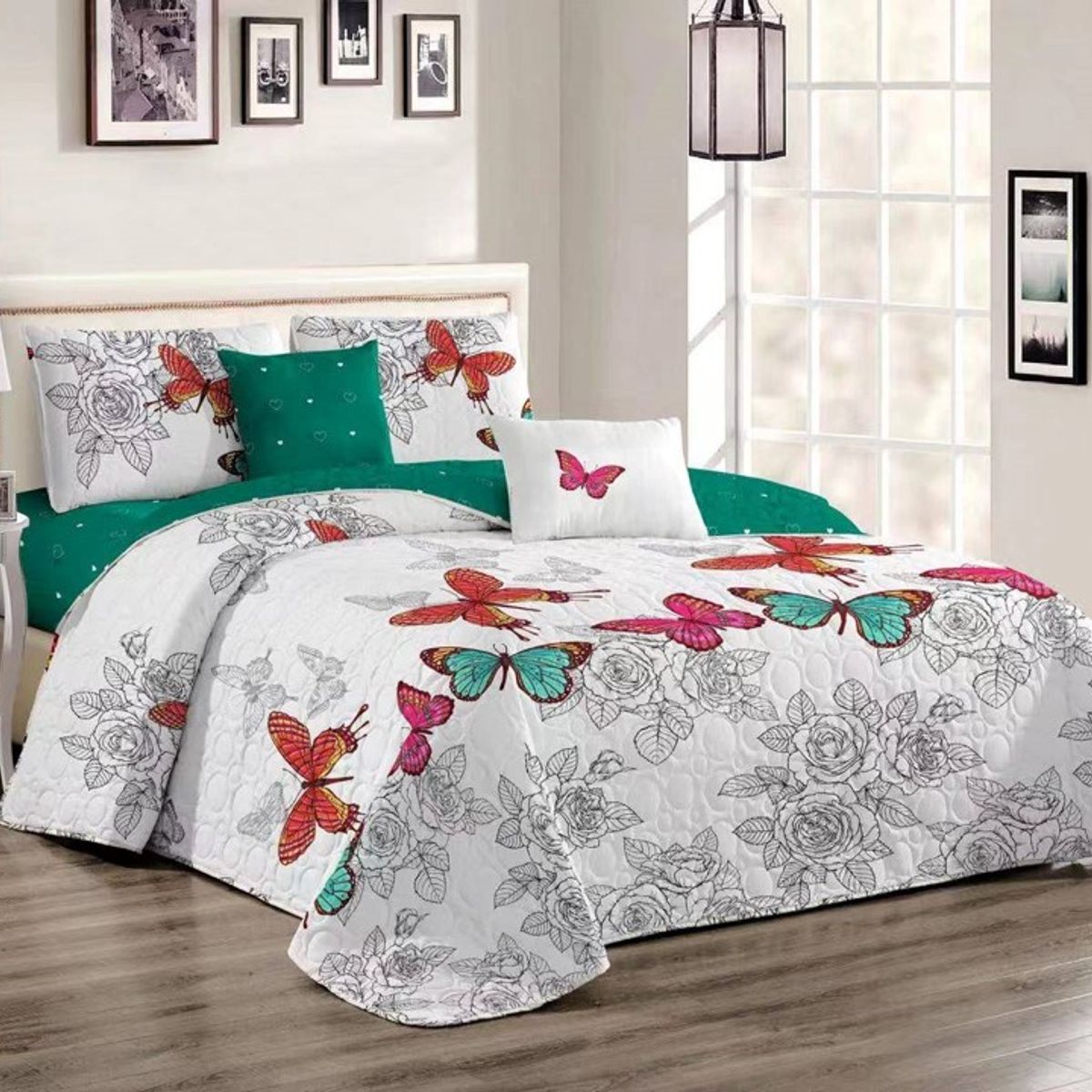 GENERICO - CUBRECAMA QUILT DE VERANO 2 PLAZA DISEÑO MARIPOSAS MX