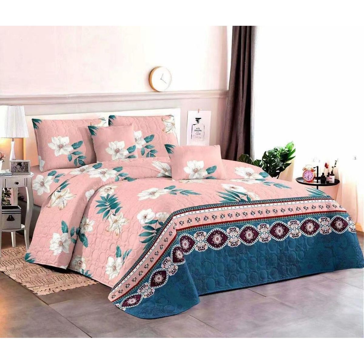 GENERICO - CUBRECAMA QUILT DE VERANO 2 PLAZA DISEÑO ROSA FLORES MX