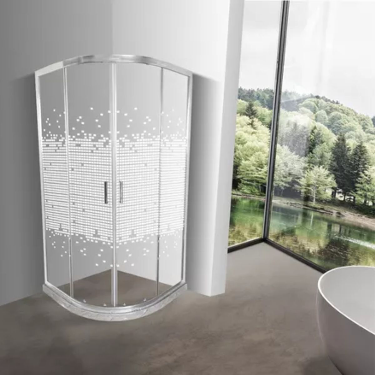 JOYTEK - Shower Curvo Barra a Piso con Mosaicos Blancos 90x90 cm