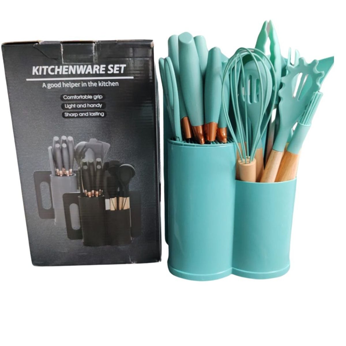 GENERICO - Set De Utensilios De Cocina Verdes 19 Piezas + tabla