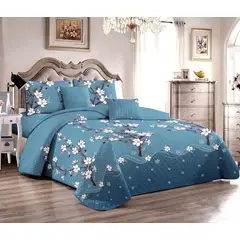 GENERICO - CUBRECAMA QUILT DE VERANO 2 PLAZAS CON DISEÑO AZUL FLORES MX