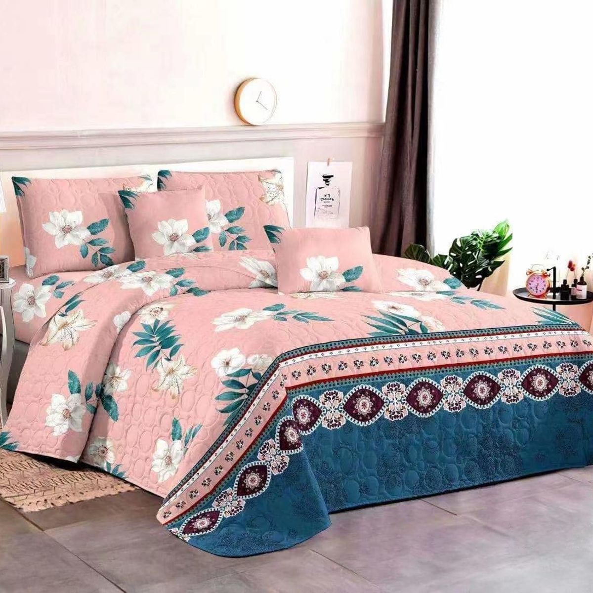 GENERICO - CUBRECAMA QUILT DE VERANO 2 PLAZAS CON DISEÑO ROSA FLORES MX