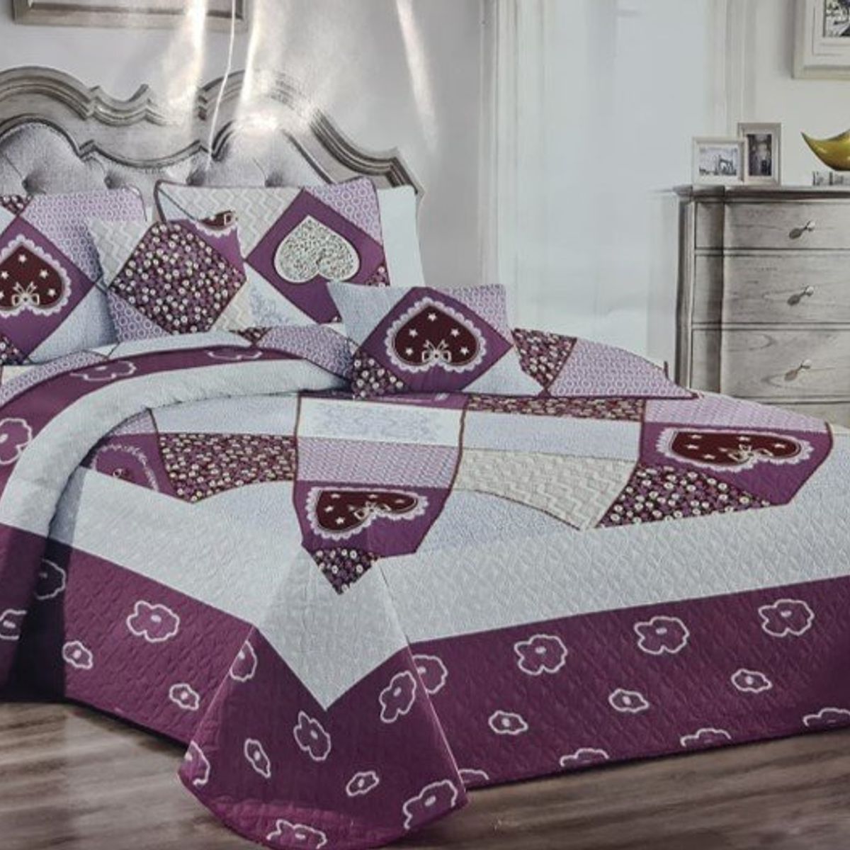 GENERICO - CUBRECAMA QUILT DE VERANO KING CON DISEÑO CORAZONES VIOLETAS MX