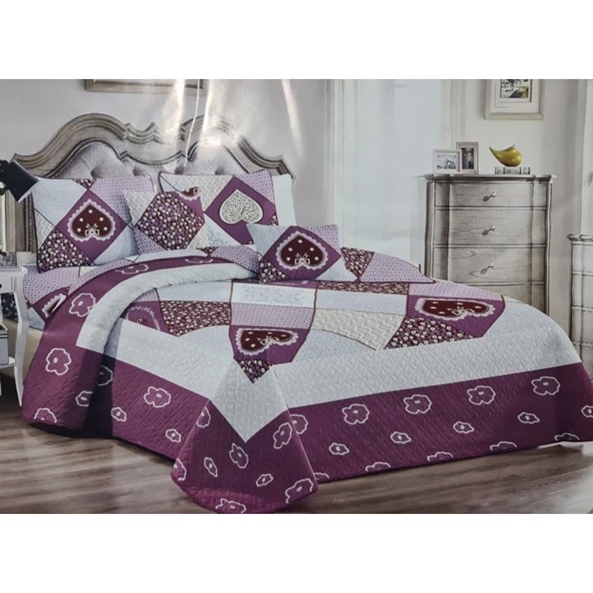 GENERICO - CUBRECAMA QUILT DE VERANO KING CON DISEÑO CORAZONES VIOLETAS MX