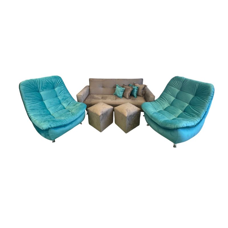 GENERICO - JUEGO 2 SOFA CURVOS TURQUESA + FUTON CAMA CON BRAZOS GRIS FELPA