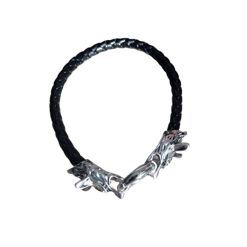 GENERICO - Pulsera de cuero y cabeza de lobo