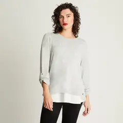 CURVI - Polera Manga Larga Lanilla Melange Con Aplicación Gris