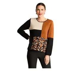 CURVI - Sweater Manga Larga Color Block Negro