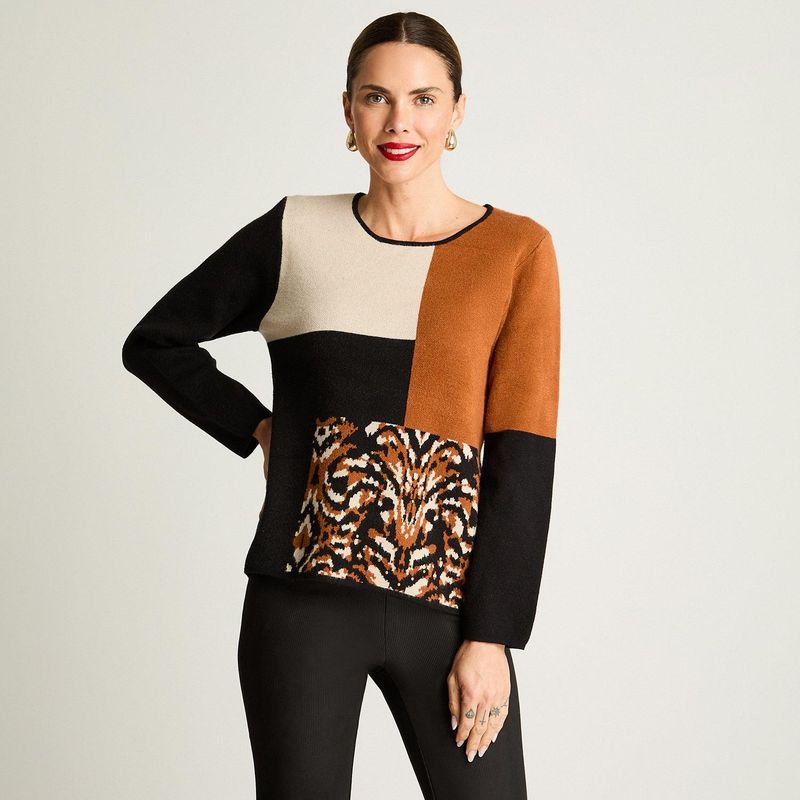 CURVI - Sweater Manga Larga Color Block Negro