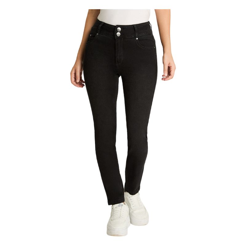 CURVI - Jeans Tiro Alto Slim 5 Bolsillos Pretina Dos Botones Push Up Curvi