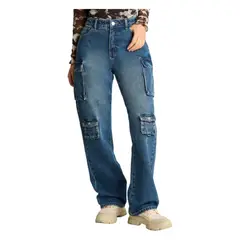 ACUARELA - Jeans Tiro Alto Cargo Azul