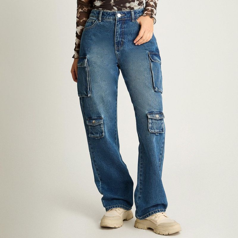 ACUARELA - Jeans Tiro Alto Cargo Azul