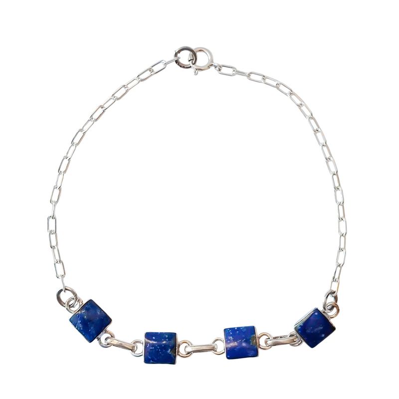 ANDREA COGGIOLA JOYAS - Pulsera Lapislázuli Cuadrado Cadena Plata Fina 925