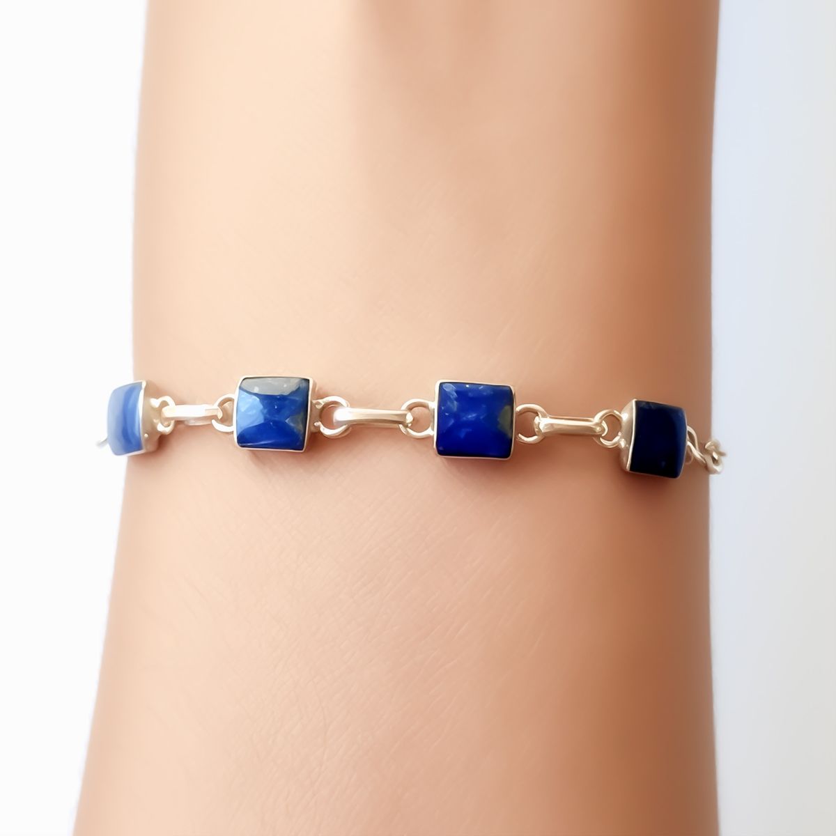 COGGIOLA - Pulsera Lapislázuli Cuadrado Cadena Plata Fina 925