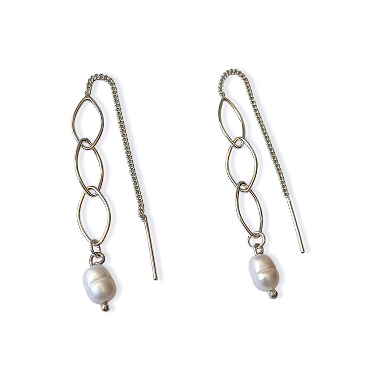 Aros Perla De Rio Cadena Palito Plata Fina 925 Perla TALLA UNICA