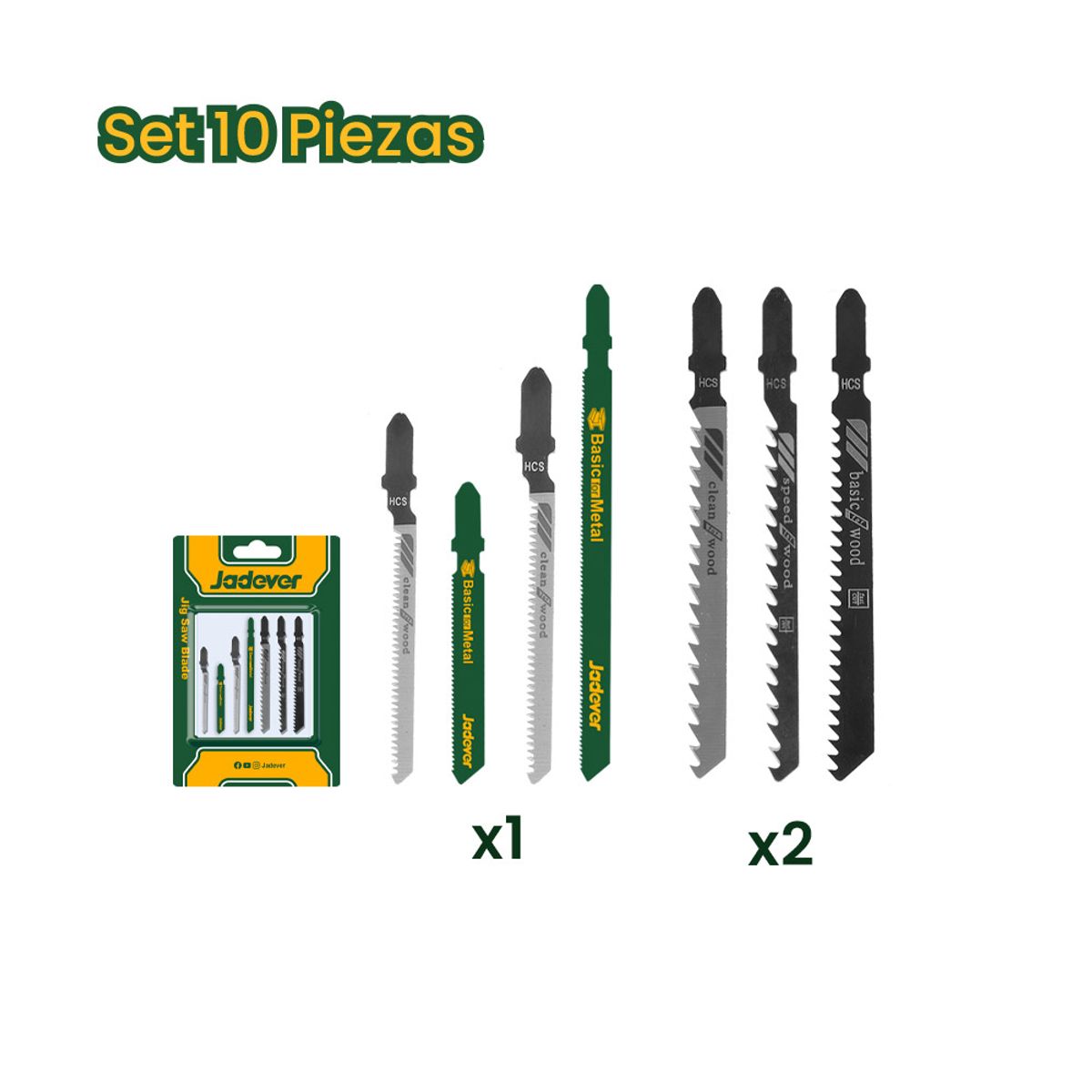 JADEVER - Set Hojas Sierra Caladora Metal-Madera-Aluminio 10 Piezas JADEVER