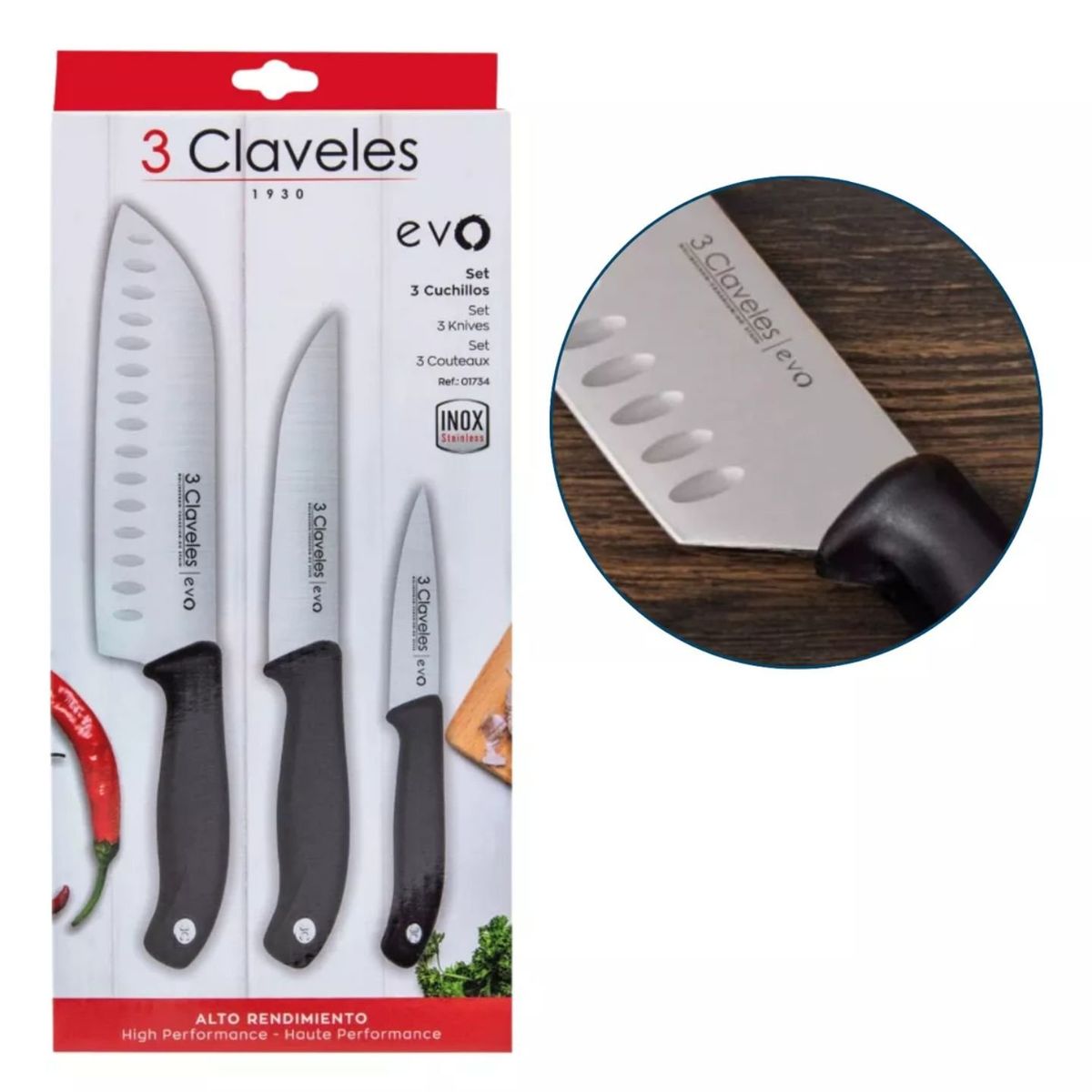3 CLAVELES - Cuchillo 3 Claveles Santoku Cocina Verduras Set De Tres