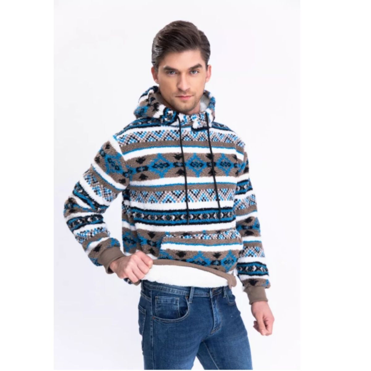 LIKE SHOP - Polerón Canguro Hombre Forro Piel Étnico Otoño Invierno Capucha 7564