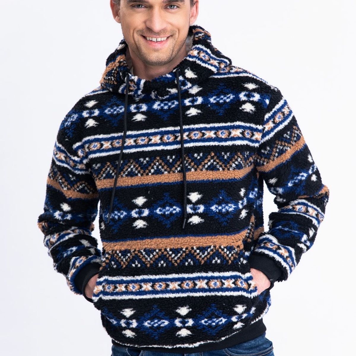 LIKE SHOP - Polerón Canguro Hombre Forro Piel Étnico Otoño Invierno Capucha 7564