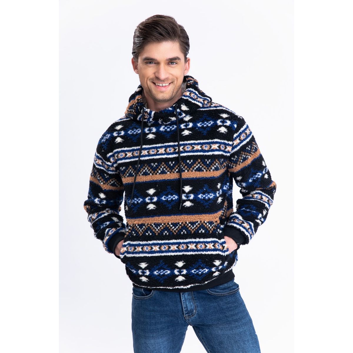 LIKE SHOP - Polerón Canguro Hombre Forro Piel Étnico Otoño Invierno Capucha 7564