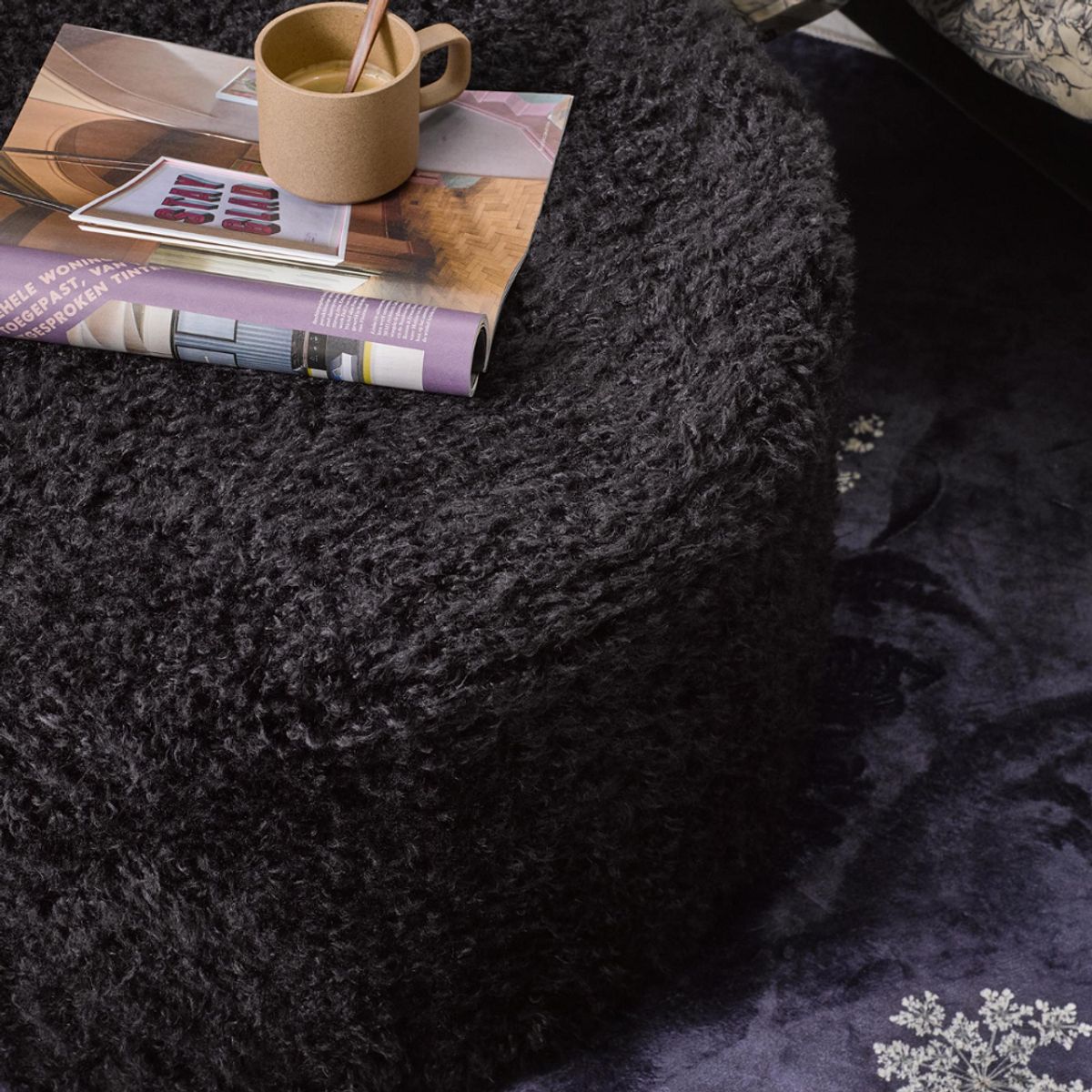 GENERICO - Puff Round Nightblue - 60 cm Diámetro - Peludo Negro