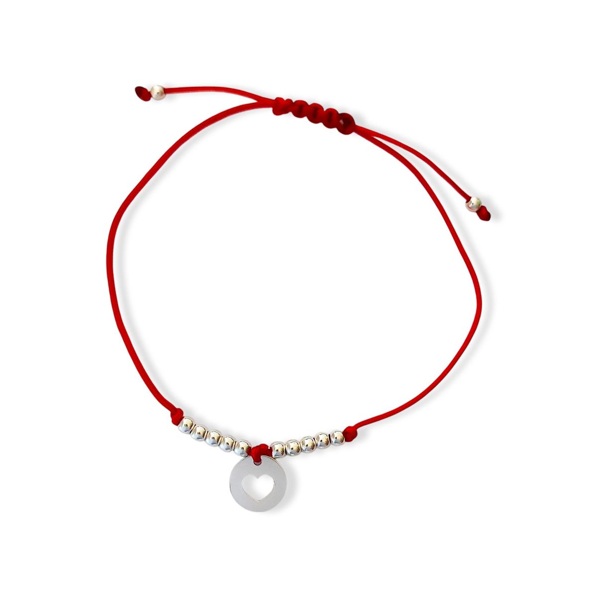 COGGIOLA - Pulsera Círculo Corazón Bolitas Plata Fina 925 Cordón Rojo