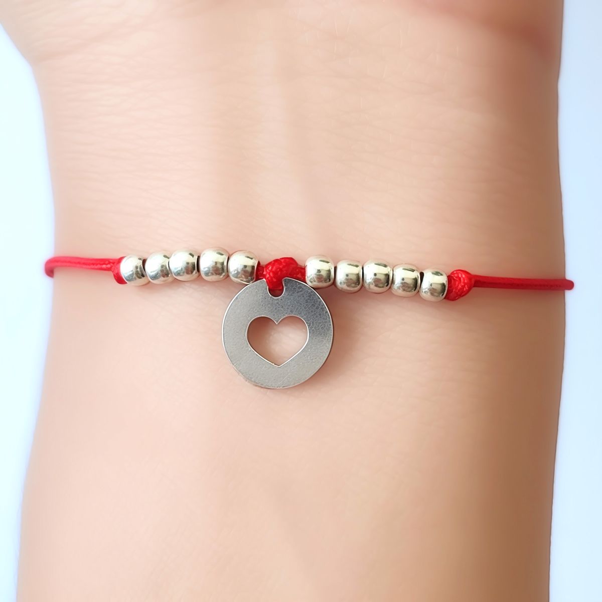 COGGIOLA - Pulsera Círculo Corazón Bolitas Plata Fina 925 Cordón Rojo