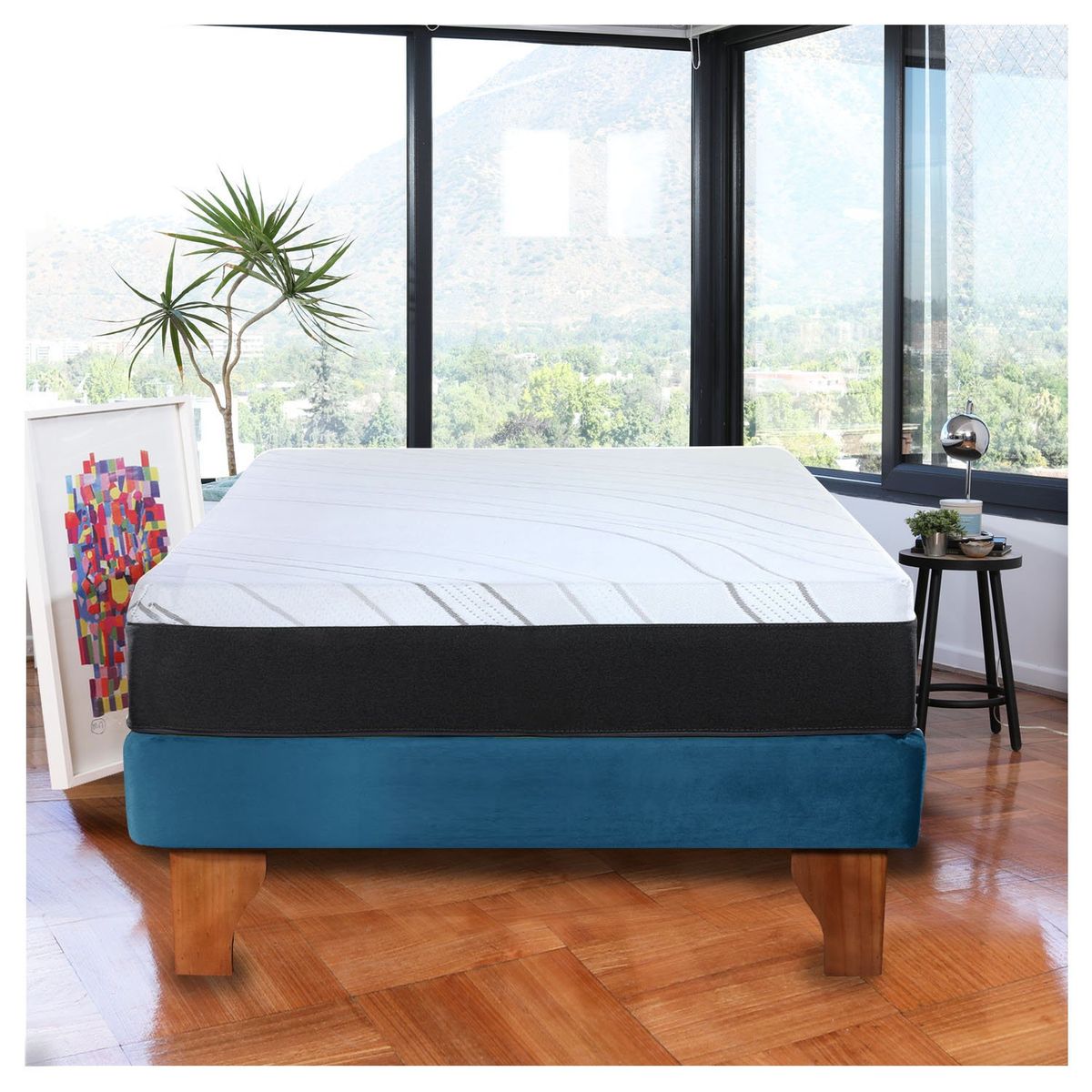 LATAM HOME - Cama Europea Zen Pro Colchon Resortes 1.5 Plaza Base Dividida Tela Azul Petroleo