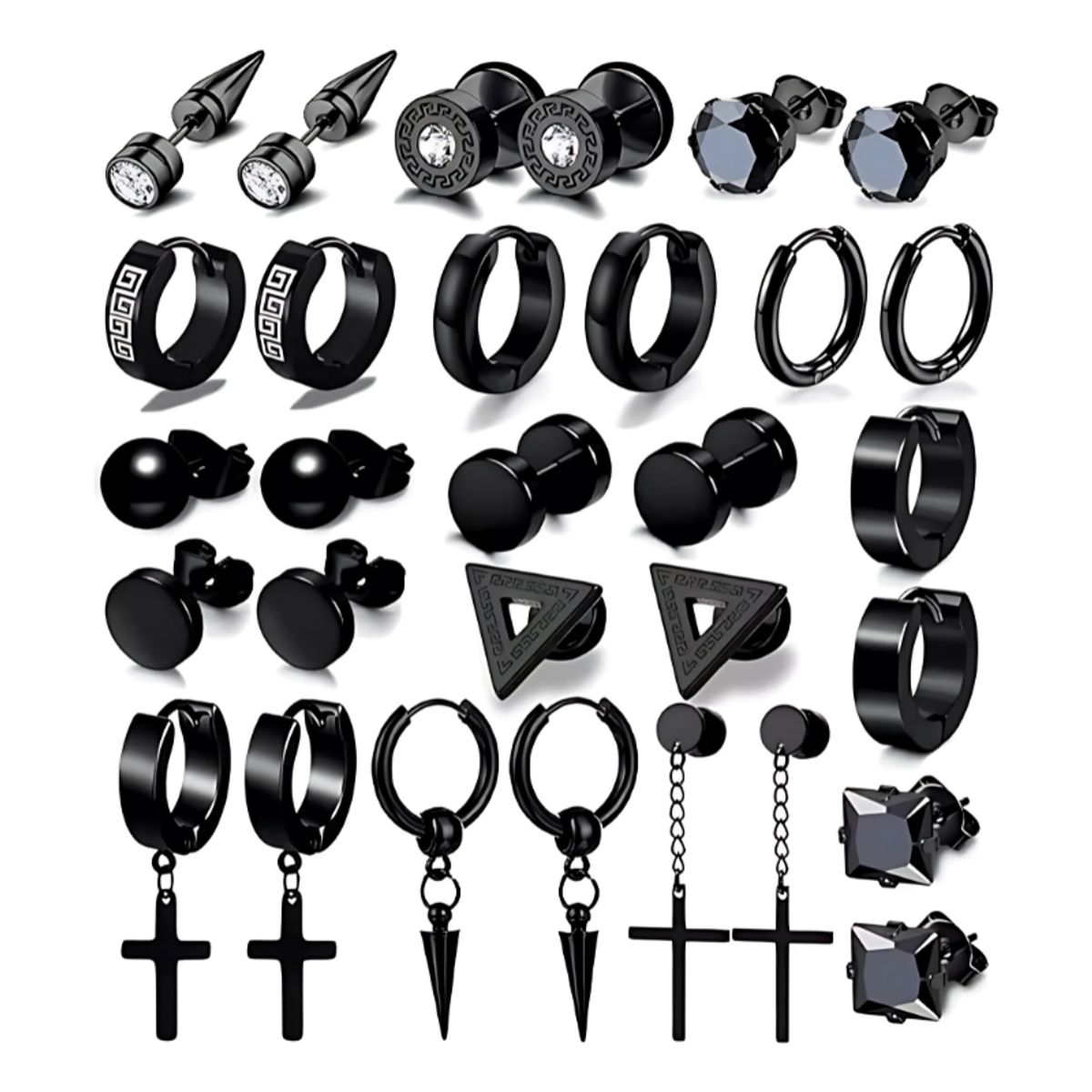 BELIDASHOP - 15 Pares Aros Aretes Pendientes Hombre Negro
