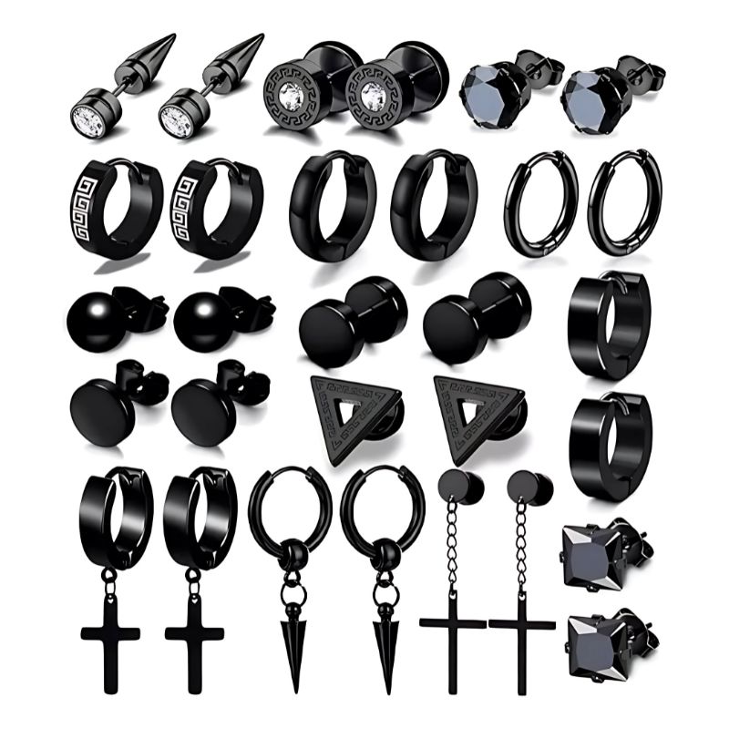 GENERICO - 15 Pares Aros Aretes Pendientes Hombre Negro