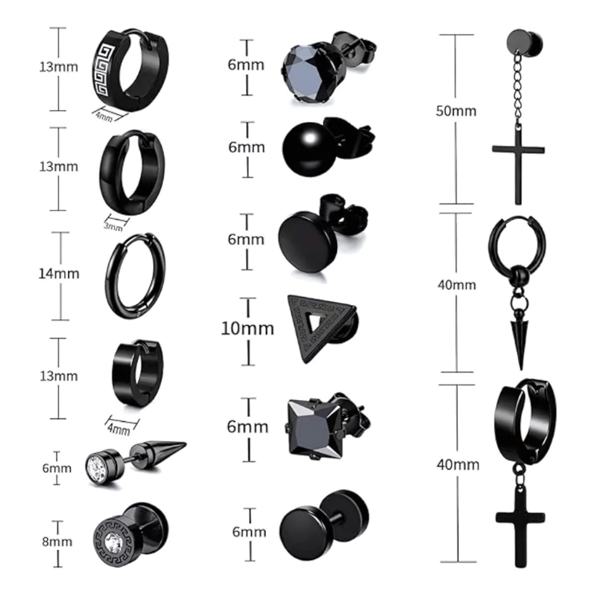 BELIDASHOP - 15 Pares Aros Aretes Pendientes Hombre Negro