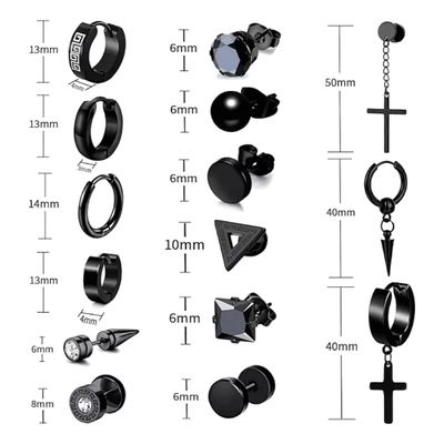 Imagen 2 del producto 15 Pares Aros Aretes Pendientes Hombre Negro