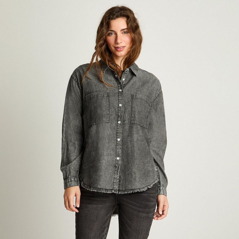 ACUARELA - Blusa Manga Larga Acid Wash Detalle Roturas Gris