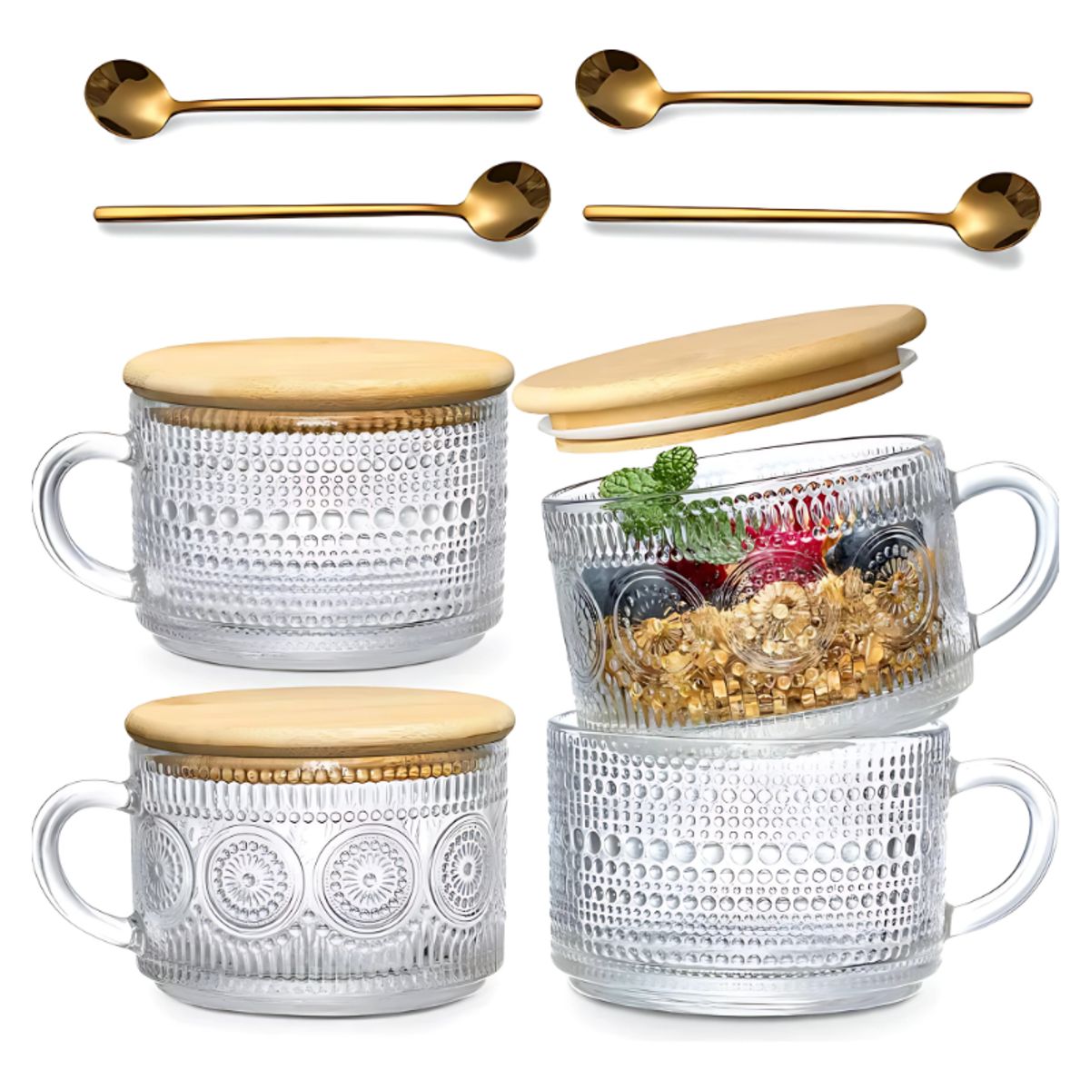 GENERICO - 4 Tazas De Café Vintage Tapa Bambú Y Cucharas 415ml