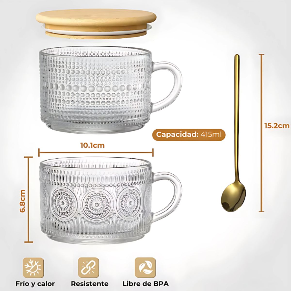 GENERICO - 4 Tazas De Café Vintage Tapa Bambú Y Cucharas 415ml