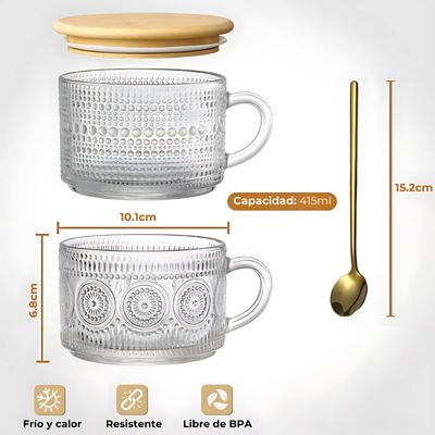 Imagen 2 del producto 4 Tazas De Café Vintage Tapa Bambú Y Cucharas 415ml