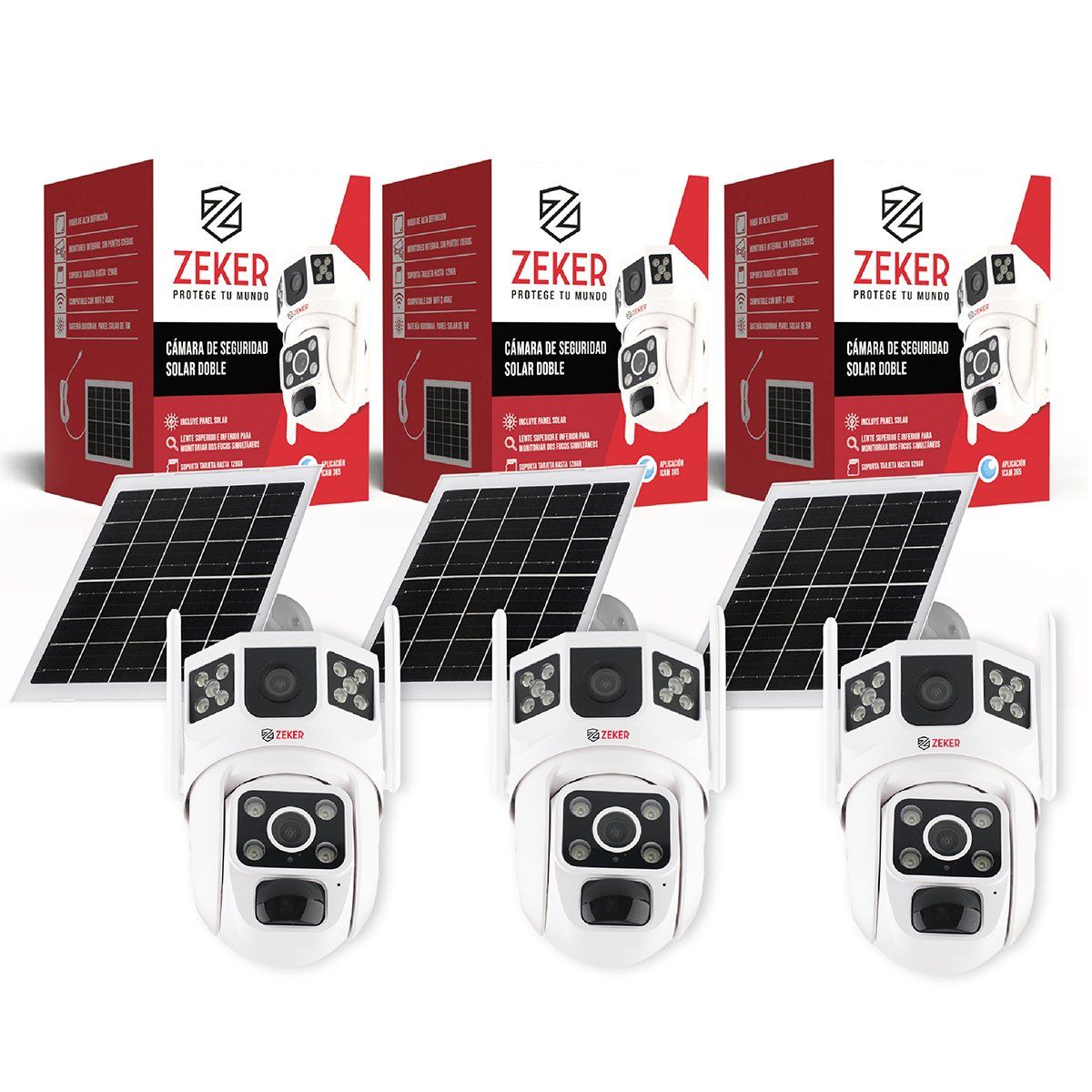 ZEKER - Camara De Seguridad Solar Vigilancia Doble Zeker 3MP Pack X3