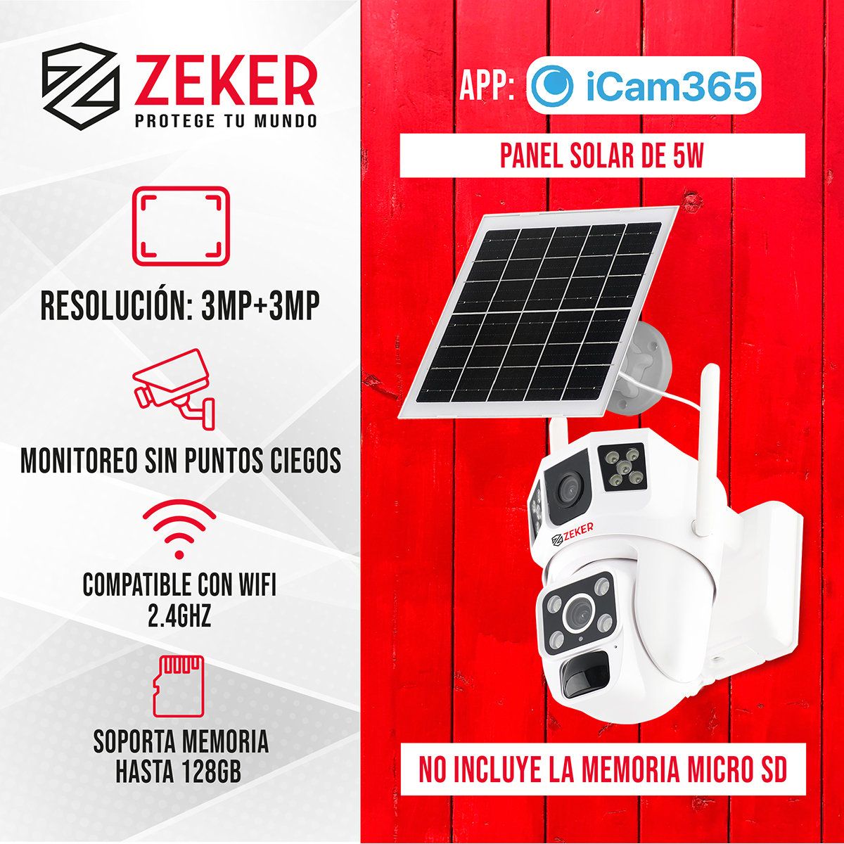 ZEKER - Camara De Seguridad Solar Vigilancia Doble Zeker 3MP Pack X3