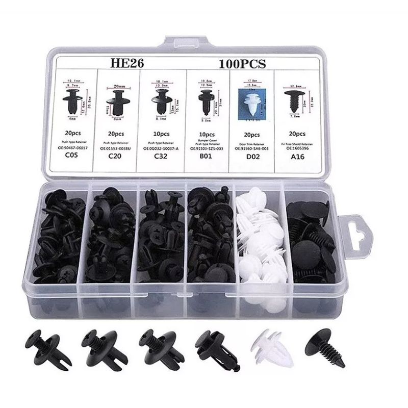 GENERICO - Caja 100 Clips Broche Retencion Lata Plastico Auto Tapabarro