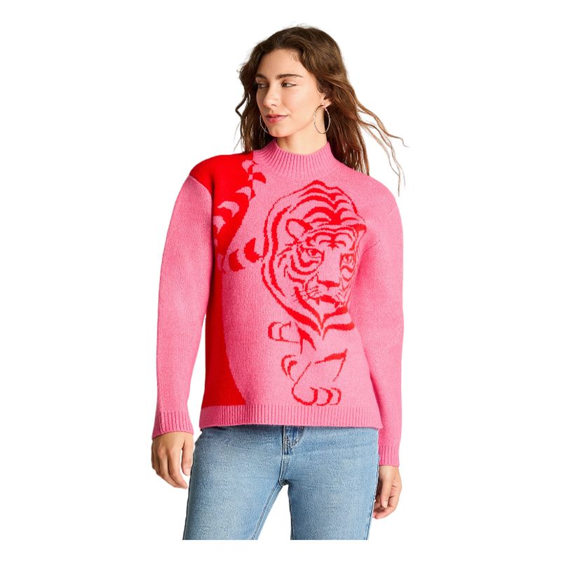 ACUARELA - Sweater Manga Larga Jacquard Estampado Fucsia