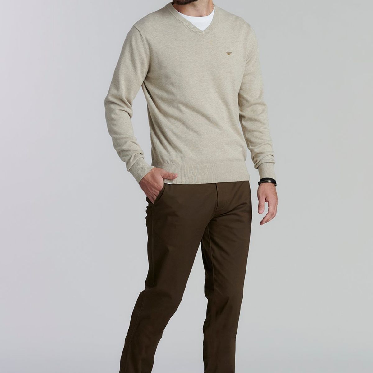 FEROUCH - Sweater V Neck Melange F Smart Casual Beige Ferouch