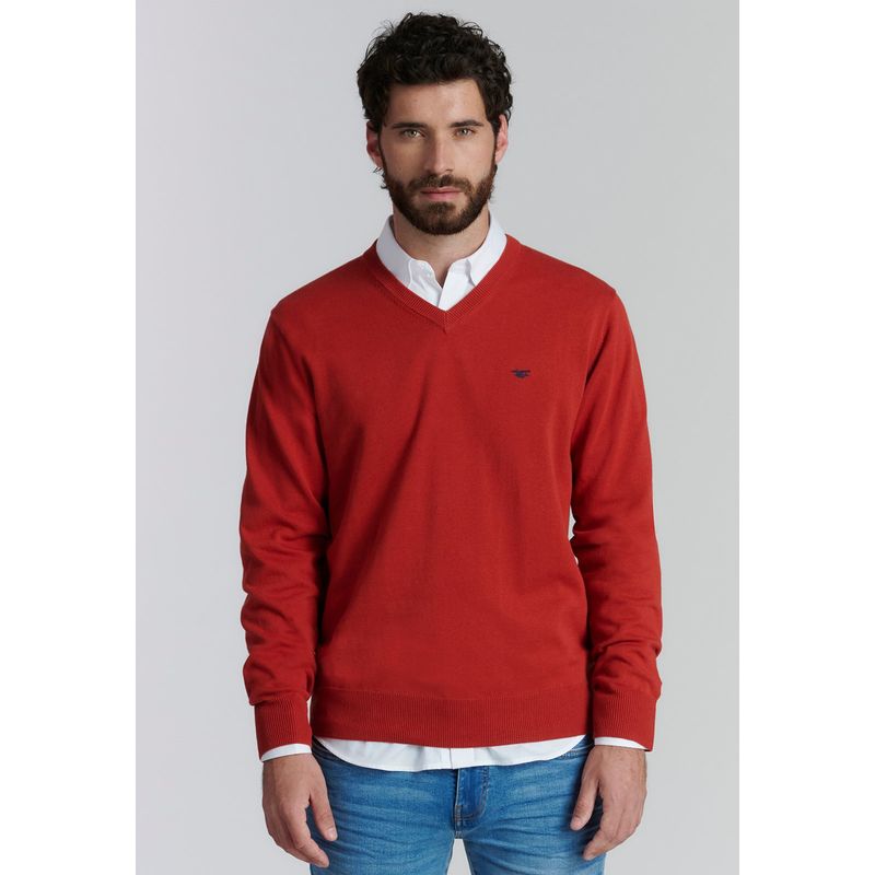 FEROUCH - Sweater V Neck Solido F Smart Casual Rojo Ferouch