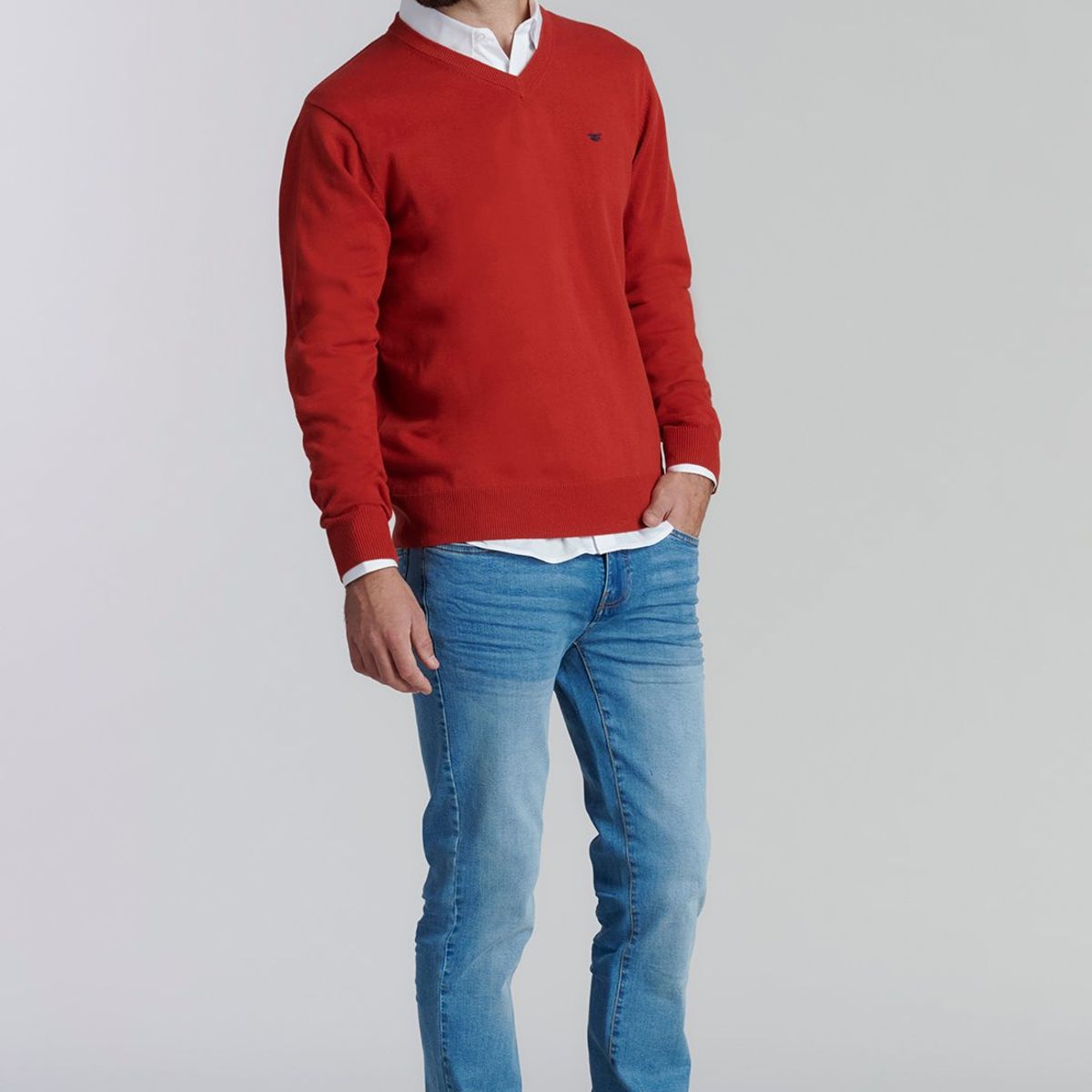 FEROUCH - Sweater V Neck Solido F Smart Casual Rojo Ferouch
