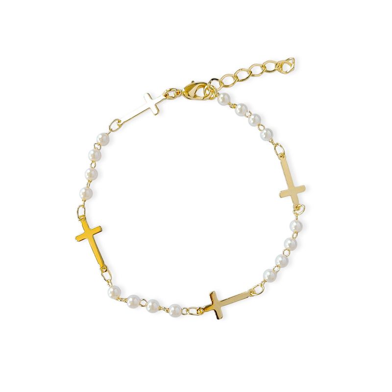 ANDREA COGGIOLA JOYAS - Pulsera Cruz Perlas Enchapado Oro 18K