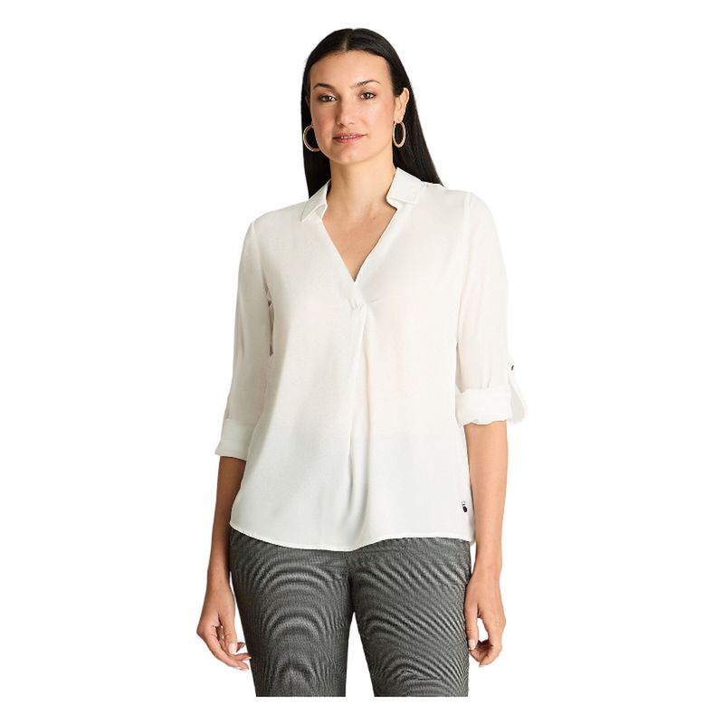 LORENZO DI PONTTI - Blusa Manga Larga Satin Cuello Camisero Crudo