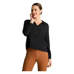 CURVI - Blusa Manga Larga Tela Fantasia Escote V Negro