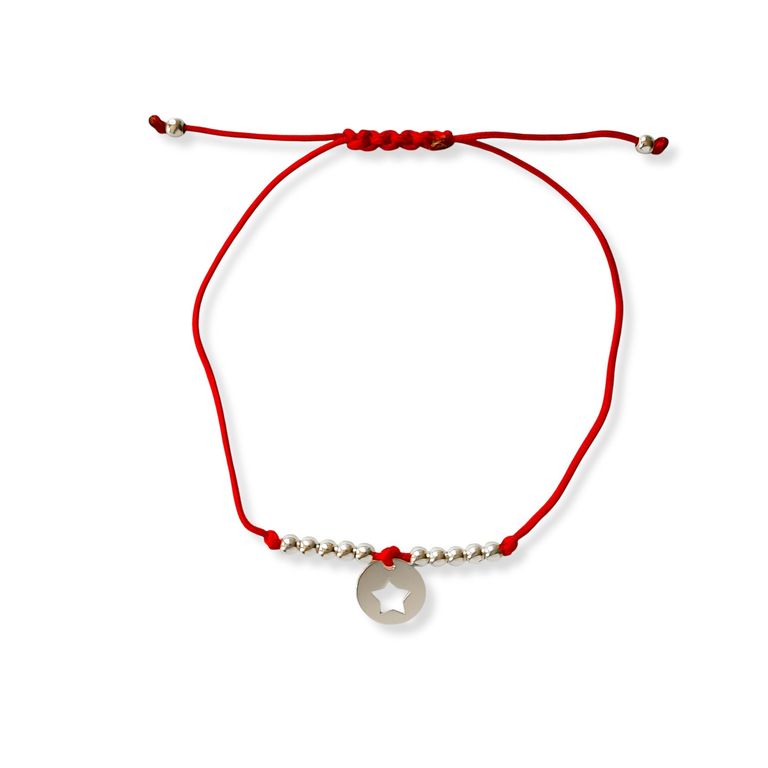 Pulsera Circulo Estrella Bolitas Plata Fina 925 Cordon Rojo Rojo TALLA UNICA